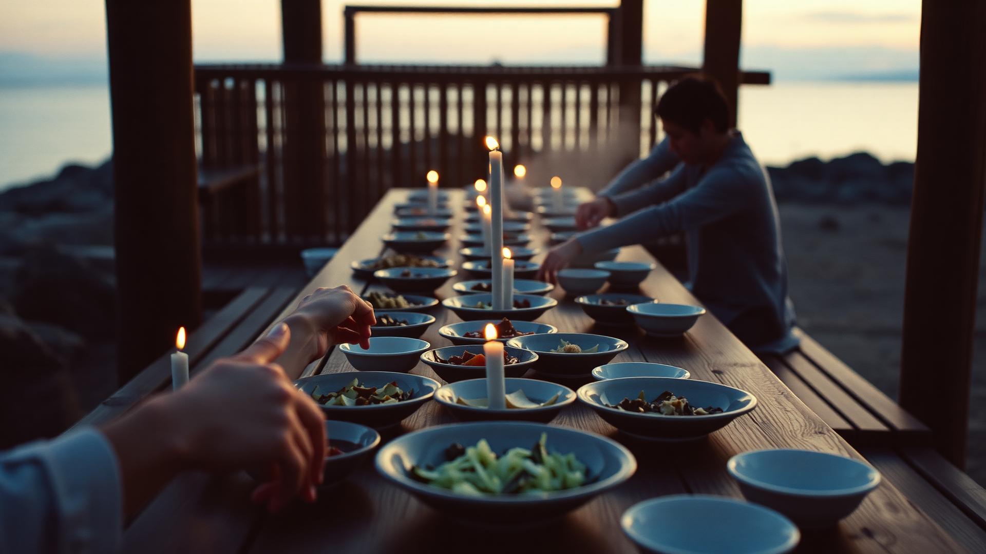 A long shared table set for an evening meal, warm lamplight over linen